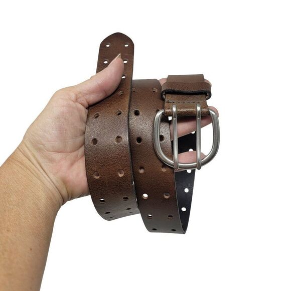 Mens Double Prong Genuine Italian Leather Brown Belt M/L 36" USA Made Silver - Picture 9 of 9